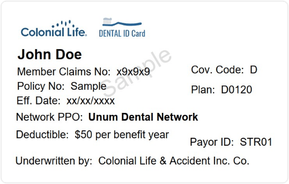 Colonial Life Dental ID card